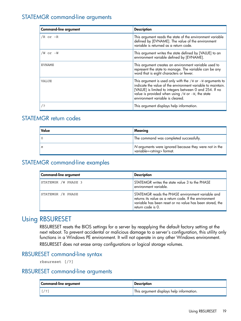 Statemgr command-line arguments, Statemgr return codes, Statemgr command-line examples | Using rbsureset, Rbsureset command-line syntax, Rbsureset command-line arguments | HP Scripting Toolkit for Windows User Manual | Page 19 / 62