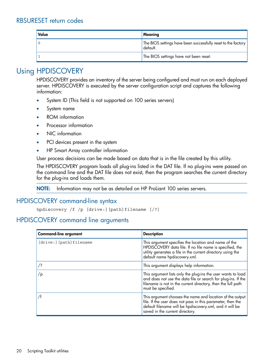 Rbsureset return codes, Using hpdiscovery, Hpdiscovery command-line syntax | Hpdiscovery command line arguments | HP Scripting Toolkit for Windows User Manual | Page 20 / 62