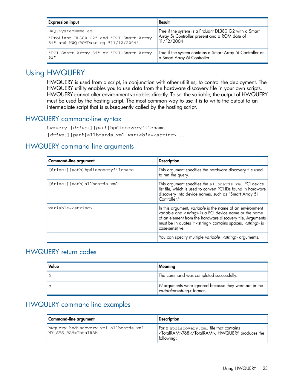 Using hwquery, Hwquery command-line syntax, Hwquery command line arguments | Hwquery return codes, Hwquery command-line examples | HP Scripting Toolkit for Windows User Manual | Page 23 / 62