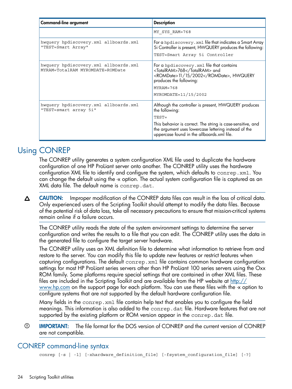 Using conrep, Conrep command-line syntax | HP Scripting Toolkit for Windows User Manual | Page 24 / 62