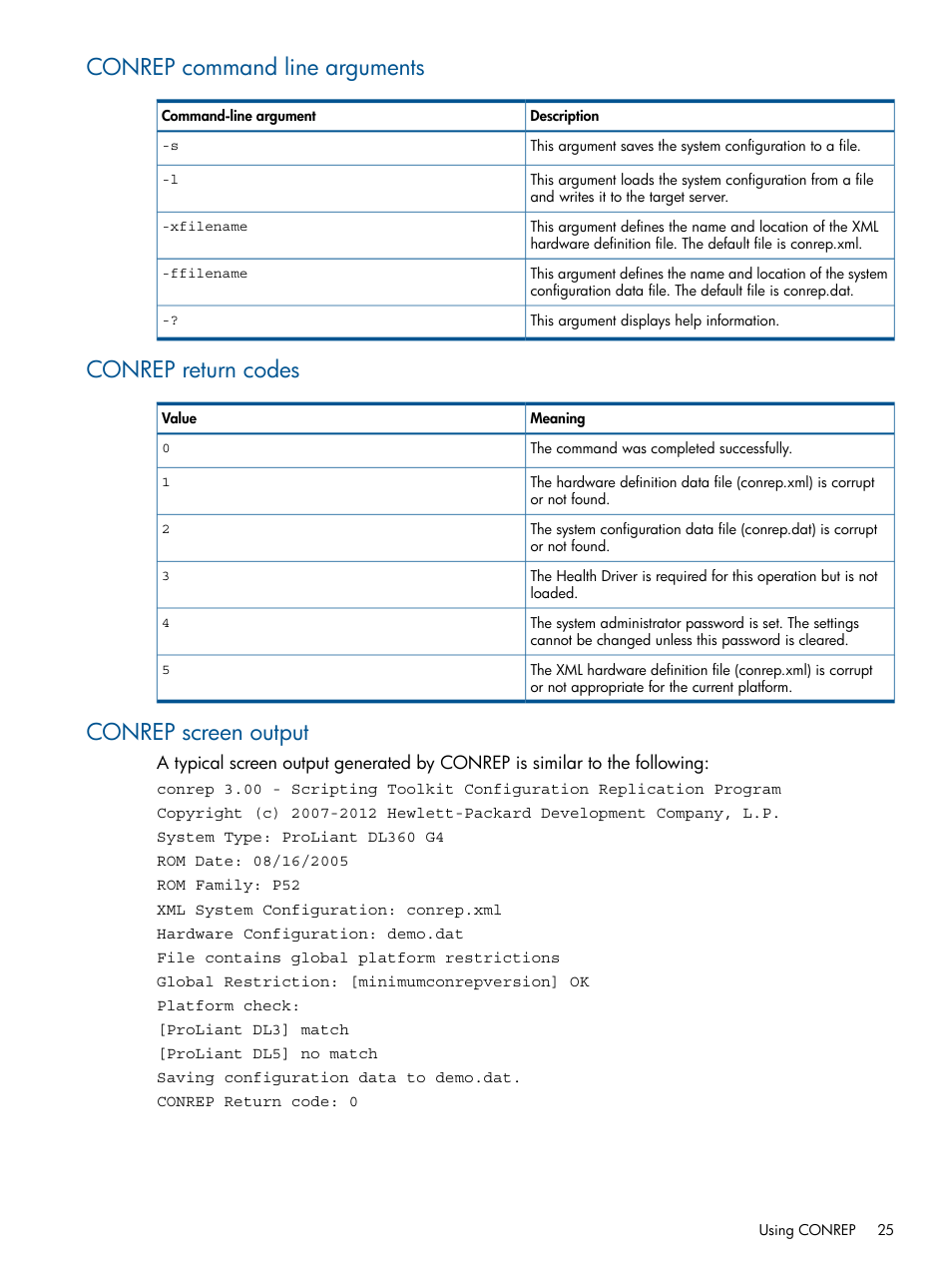 Conrep command line arguments, Conrep return codes, Conrep screen output | HP Scripting Toolkit for Windows User Manual | Page 25 / 62