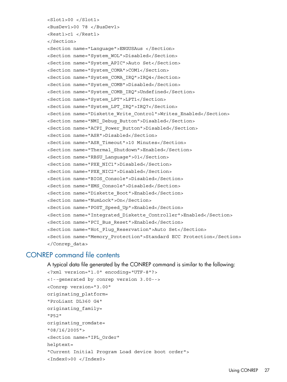 Conrep command file contents | HP Scripting Toolkit for Windows User Manual | Page 27 / 62