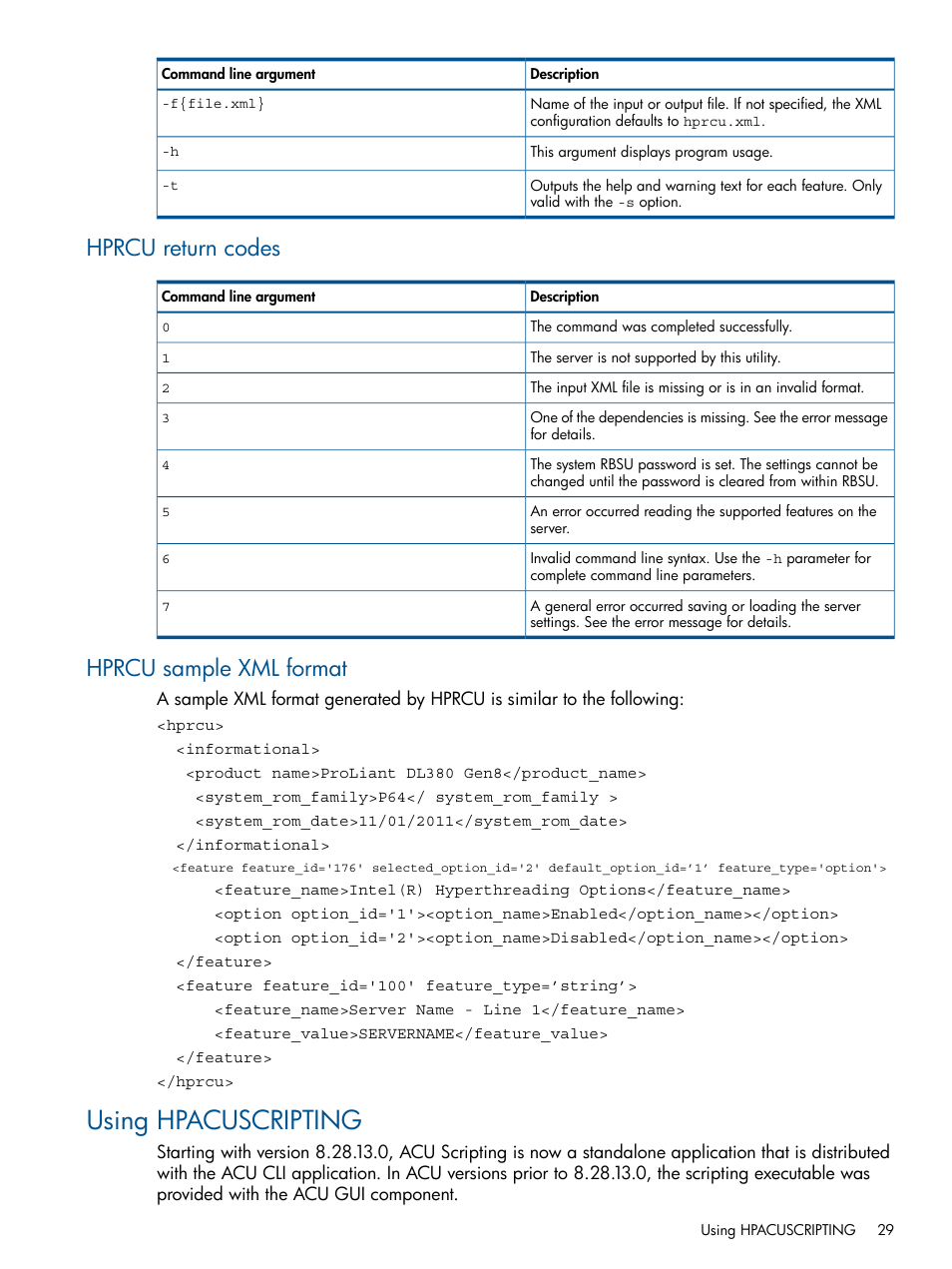 Hprcu return codes, Hprcu sample xml format, Using hpacuscripting | Hprcu return codes hprcu sample xml format | HP Scripting Toolkit for Windows User Manual | Page 29 / 62