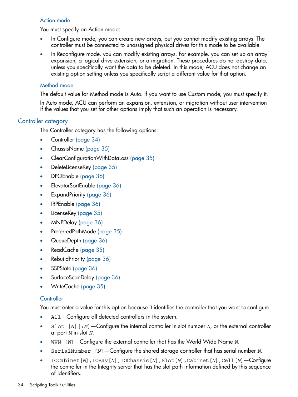 Action mode, Method mode, Controller category | Controller, Action mode method mode | HP Scripting Toolkit for Windows User Manual | Page 34 / 62