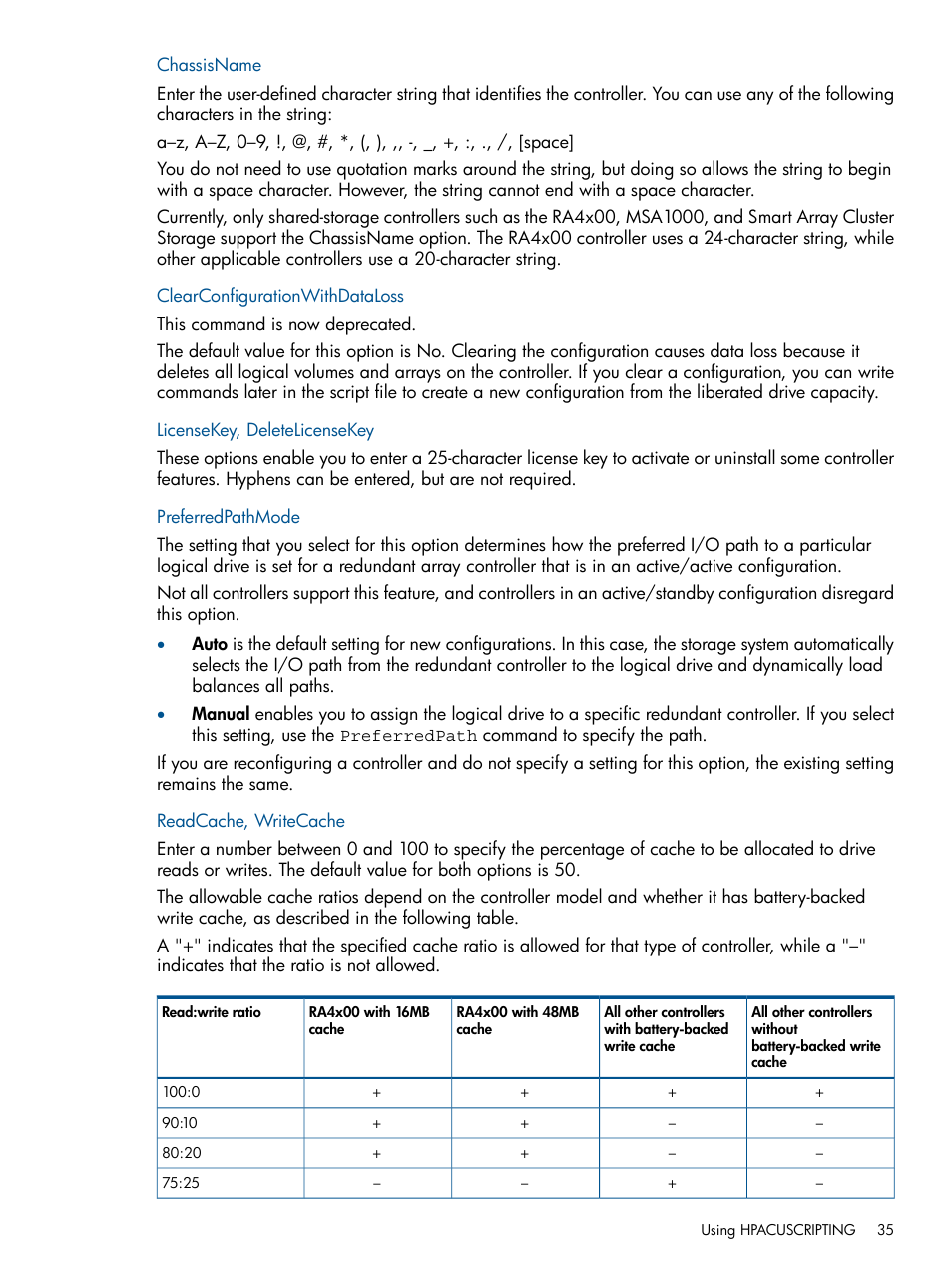 Chassisname, Clearconfigurationwithdataloss, Licensekey, deletelicensekey | Preferredpathmode, Readcache, writecache | HP Scripting Toolkit for Windows User Manual | Page 35 / 62