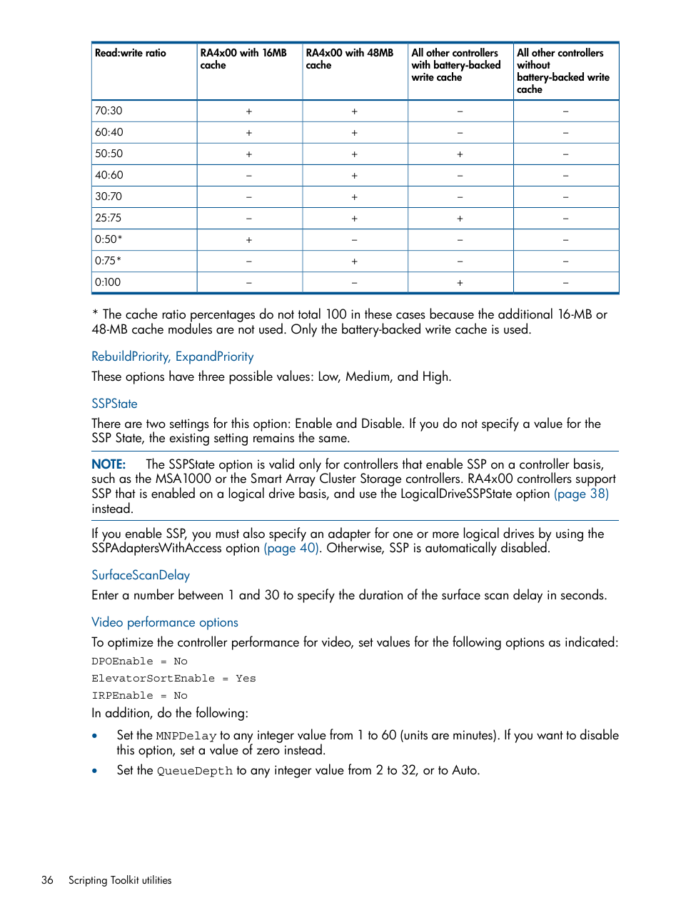 Rebuildpriority, expandpriority, Sspstate, Surfacescandelay | Video performance options | HP Scripting Toolkit for Windows User Manual | Page 36 / 62