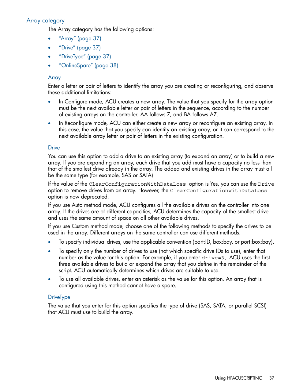 Array category, Array, Drive | Drivetype, Array drive drivetype | HP Scripting Toolkit for Windows User Manual | Page 37 / 62