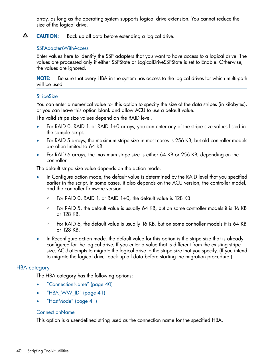 Sspadapterswithaccess, Stripesize, Hba category | Connectionname, Sspadapterswithaccess stripesize | HP Scripting Toolkit for Windows User Manual | Page 40 / 62