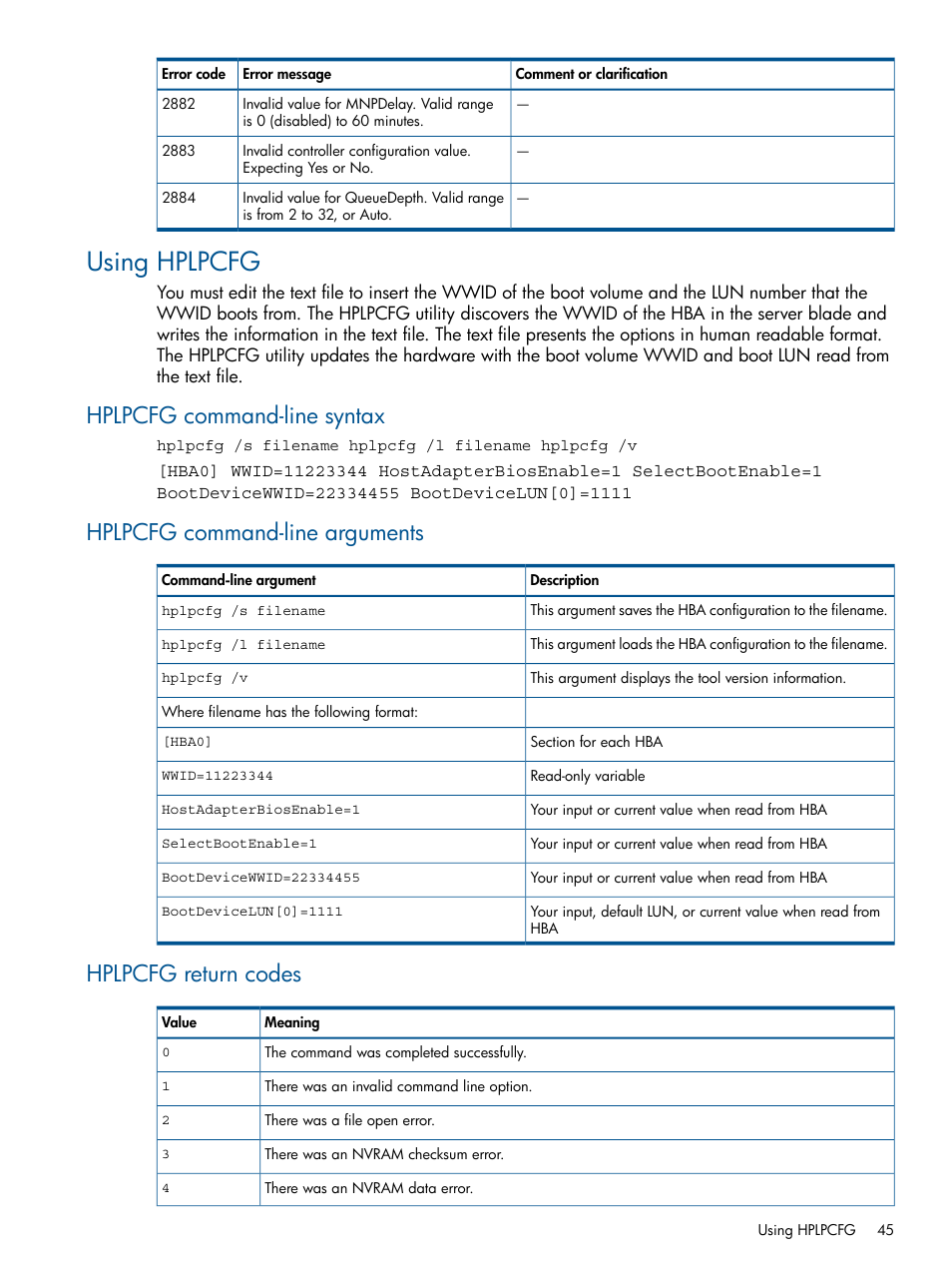 Using hplpcfg, Hplpcfg command-line syntax, Hplpcfg command-line arguments | Hplpcfg return codes | HP Scripting Toolkit for Windows User Manual | Page 45 / 62