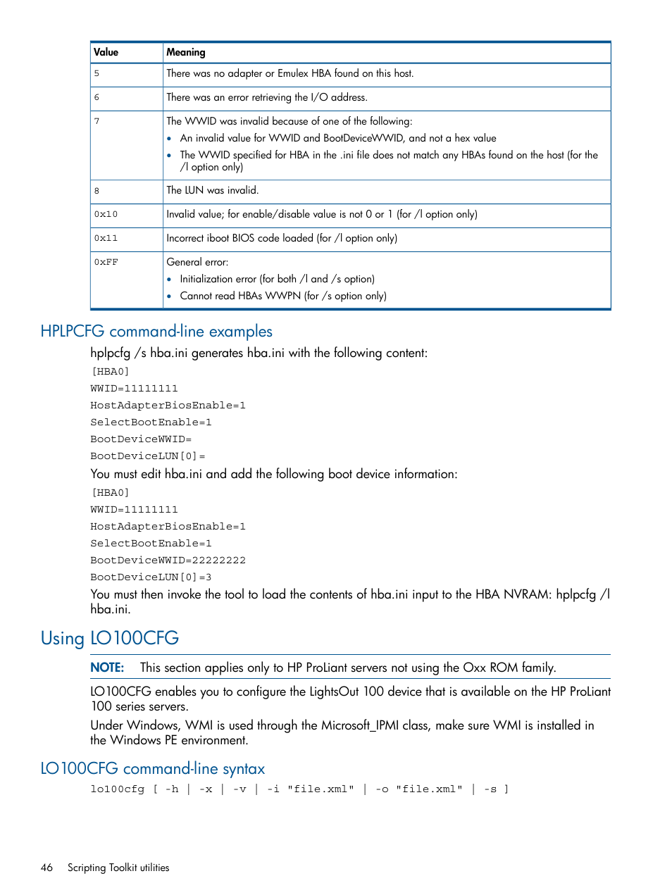 Hplpcfg command-line examples, Using lo100cfg, Lo100cfg command-line syntax | HP Scripting Toolkit for Windows User Manual | Page 46 / 62