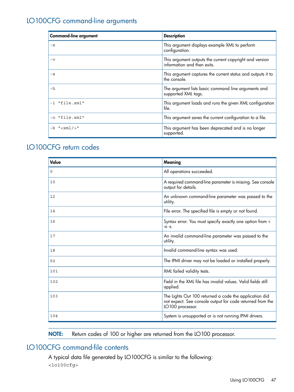 Lo100cfg command-line arguments, Lo100cfg return codes, Lo100cfg command-file contents | HP Scripting Toolkit for Windows User Manual | Page 47 / 62