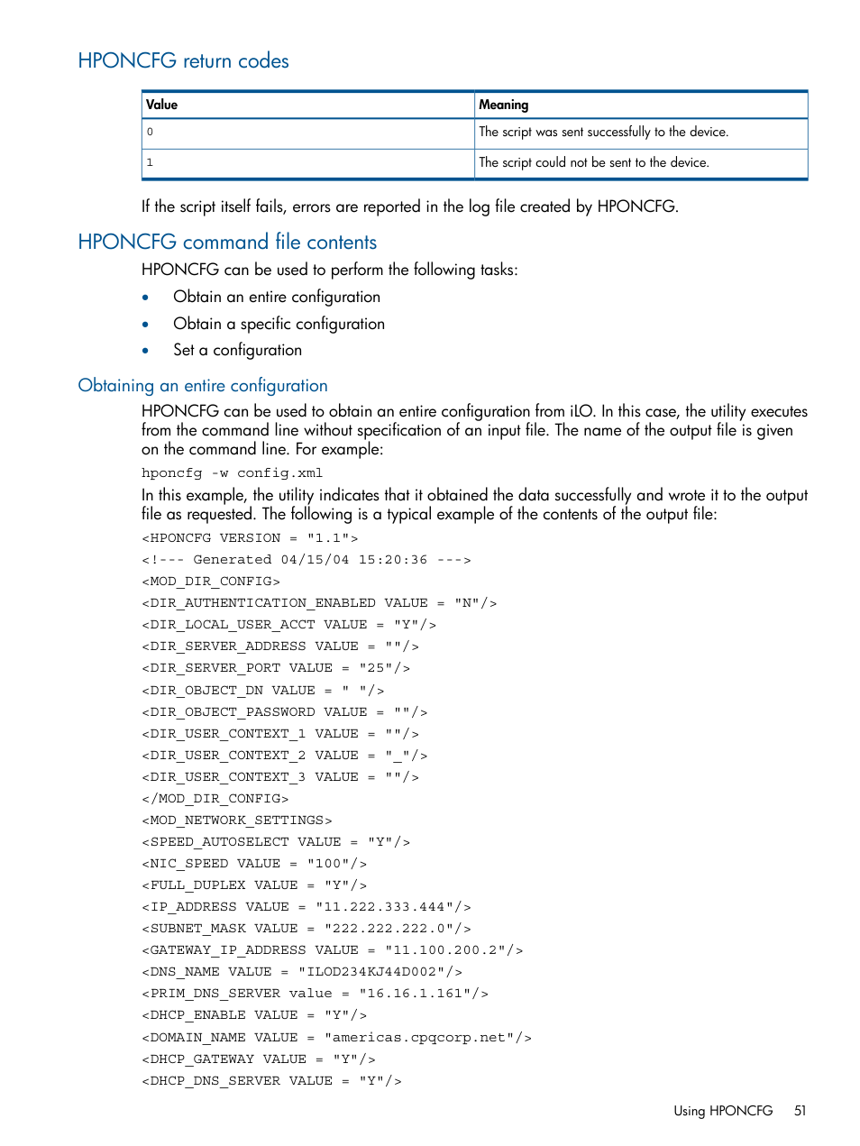 Hponcfg return codes, Hponcfg command file contents, Obtaining an entire configuration | Hponcfg return codes hponcfg command file contents | HP Scripting Toolkit for Windows User Manual | Page 51 / 62