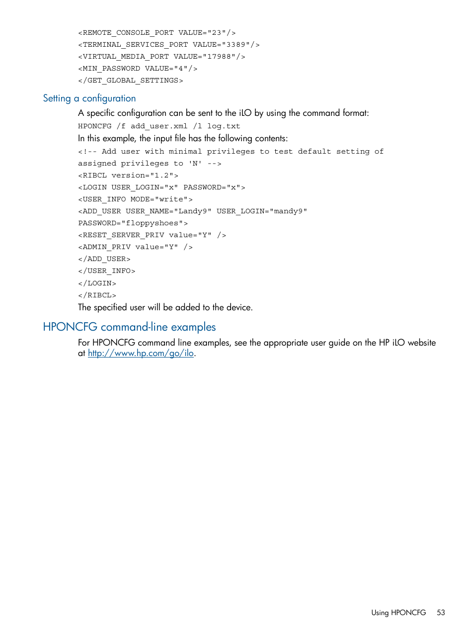 Setting a configuration, Hponcfg command-line examples | HP Scripting Toolkit for Windows User Manual | Page 53 / 62