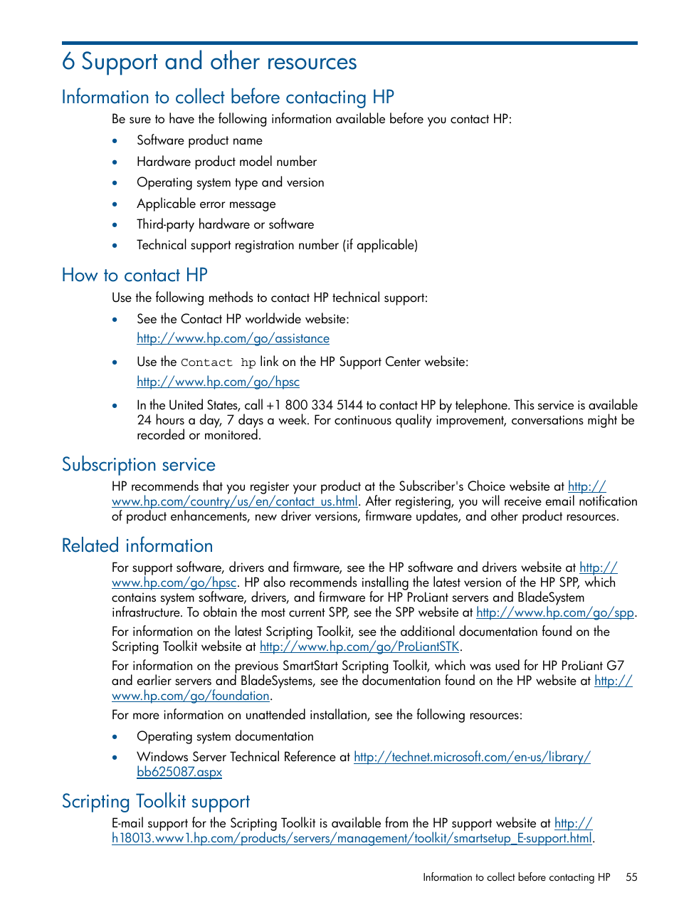 6 support and other resources, Information to collect before contacting hp, How to contact hp | Subscription service, Related information, Scripting toolkit support | HP Scripting Toolkit for Windows User Manual | Page 55 / 62