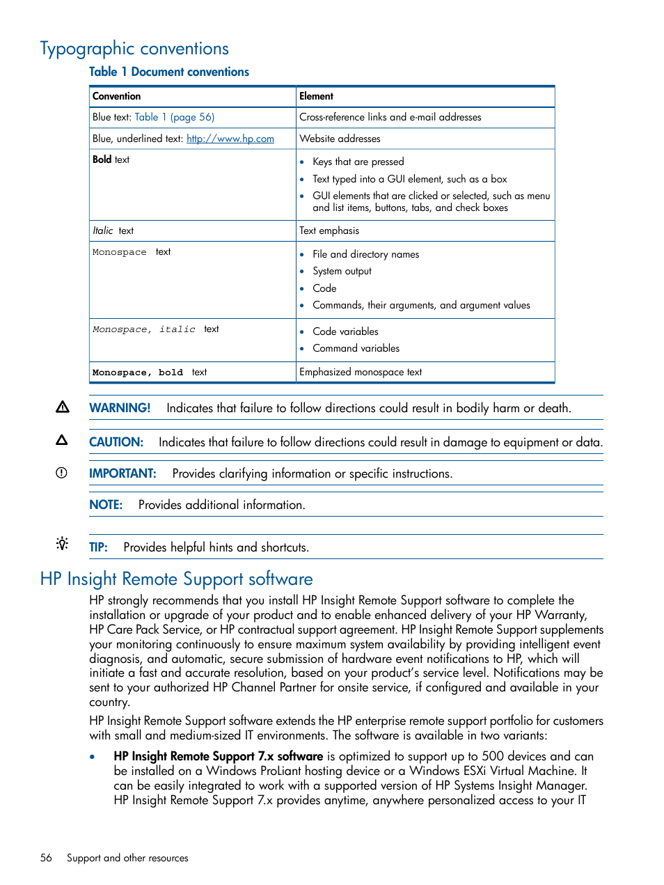 Typographic conventions, Hp insight remote support software | HP Scripting Toolkit for Windows User Manual | Page 56 / 62