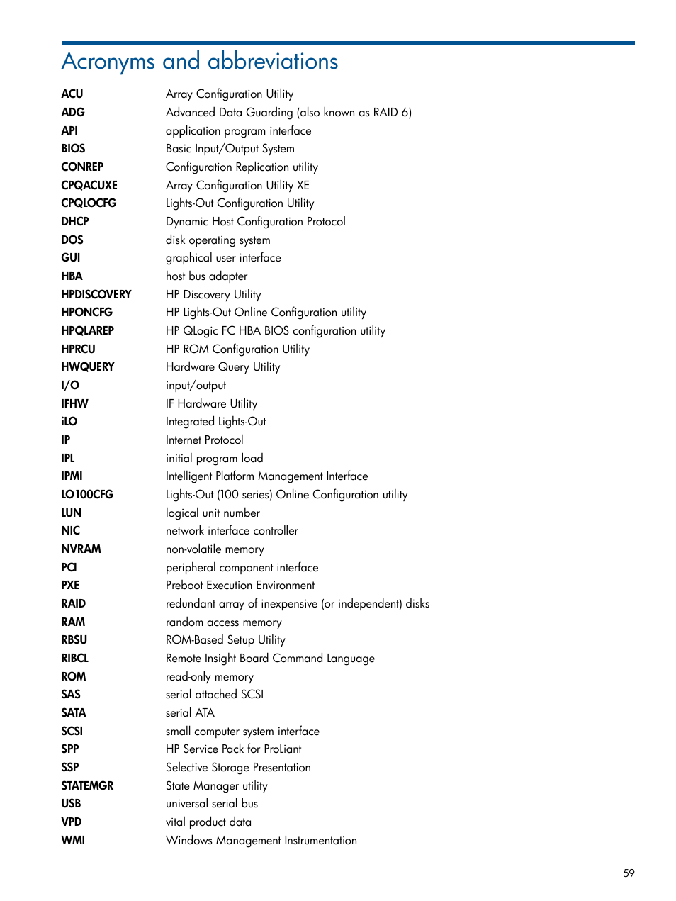 Acronyms and abbreviations | HP Scripting Toolkit for Windows User Manual | Page 59 / 62