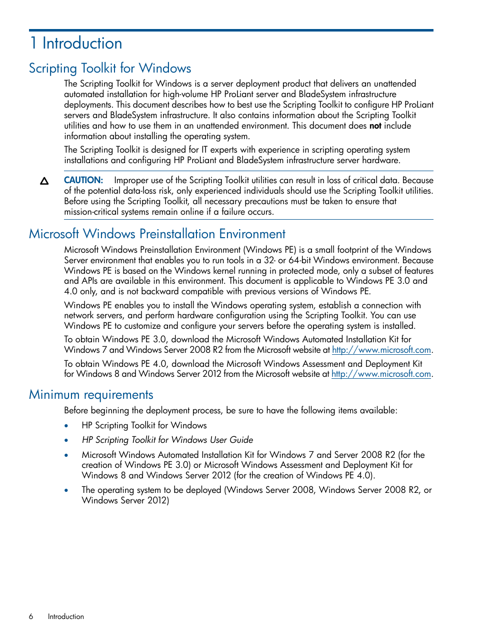 1 introduction, Scripting toolkit for windows, Microsoft windows preinstallation environment | Minimum requirements | HP Scripting Toolkit for Windows User Manual | Page 6 / 62