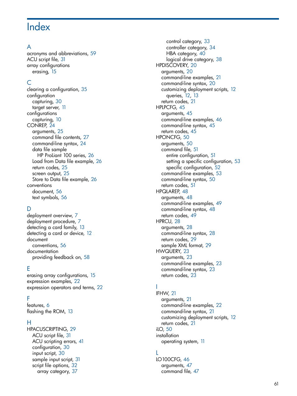 Index | HP Scripting Toolkit for Windows User Manual | Page 61 / 62