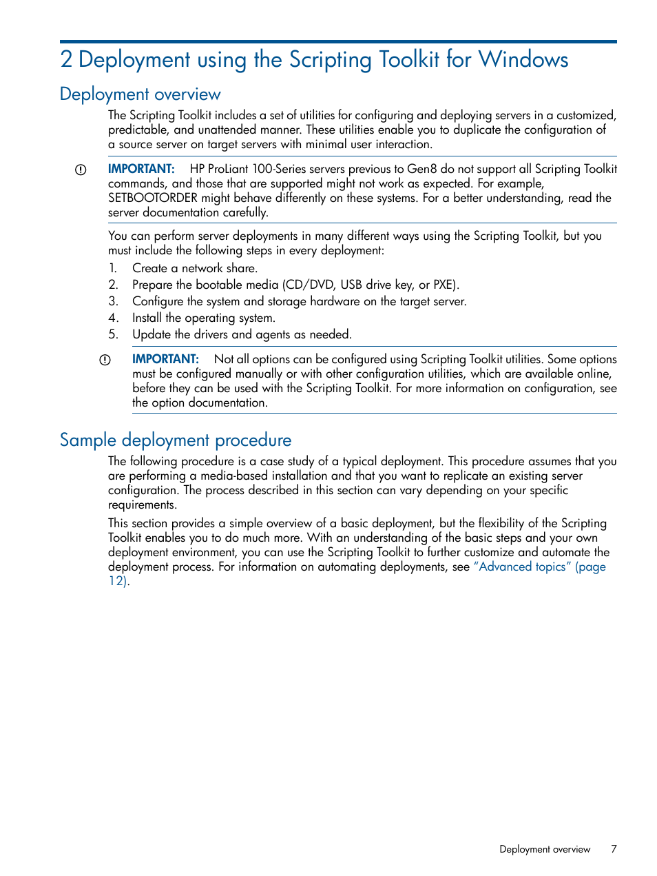 Deployment overview, Sample deployment procedure, Deployment overview sample deployment procedure | HP Scripting Toolkit for Windows User Manual | Page 7 / 62