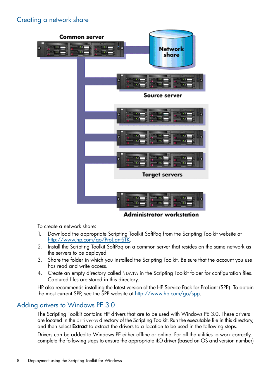 Creating a network share, Adding drivers to windows pe 3.0 | HP Scripting Toolkit for Windows User Manual | Page 8 / 62