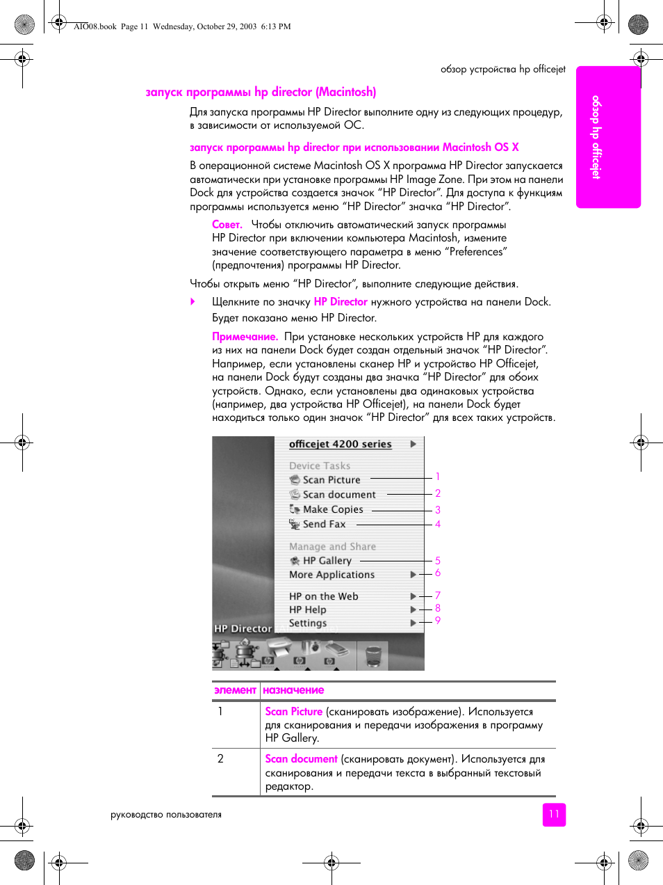 Запуск программы hp director (macintosh), Hp director (macintosh) | HP Officejet 4215xi All-in-One Printer User Manual | Page 21 / 174