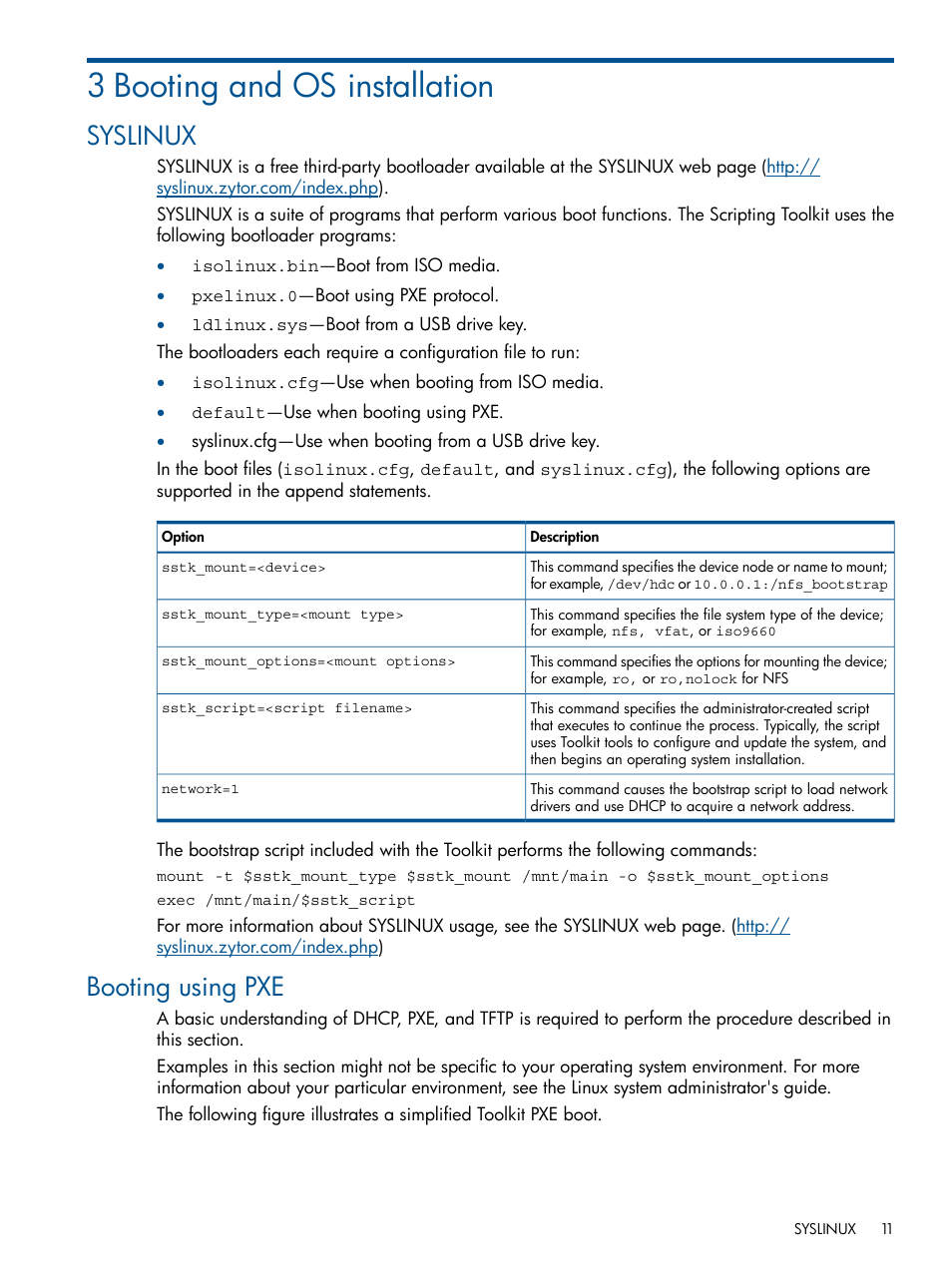 3 booting and os installation, Syslinux, Booting using pxe | Syslinux booting using pxe | HP ProLiant DL380 Server User Manual | Page 11 / 65