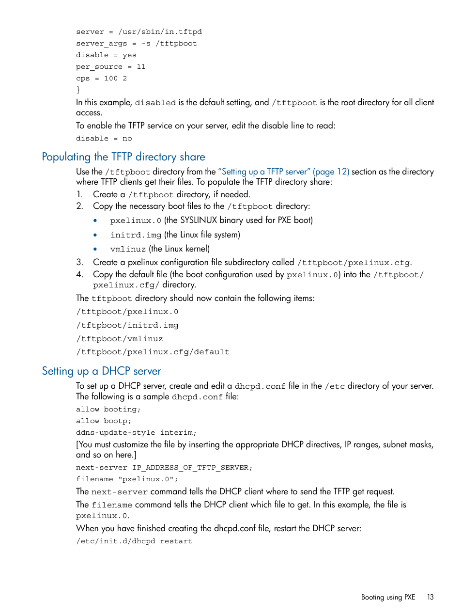 Populating the tftp directory share, Setting up a dhcp server | HP ProLiant DL380 Server User Manual | Page 13 / 65