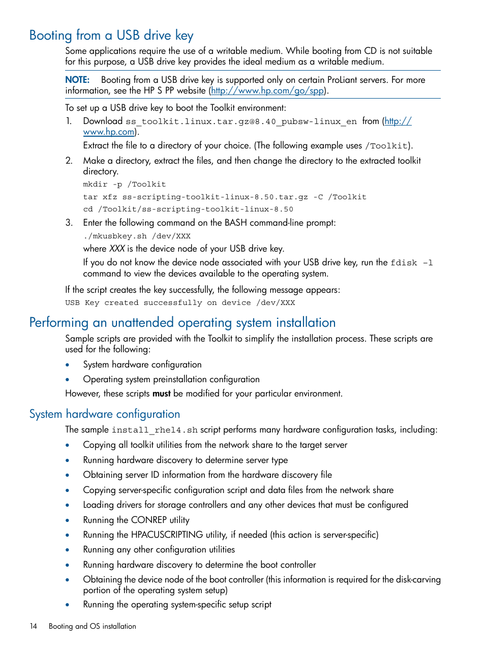 Booting from a usb drive key, System hardware configuration | HP ProLiant DL380 Server User Manual | Page 14 / 65