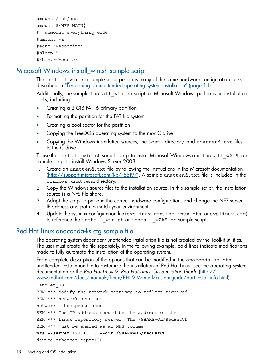 Microsoft windows install_win.sh sample script, Red hat linux anaconda-ks.cfg sample file | HP ProLiant DL380 Server User Manual | Page 18 / 65