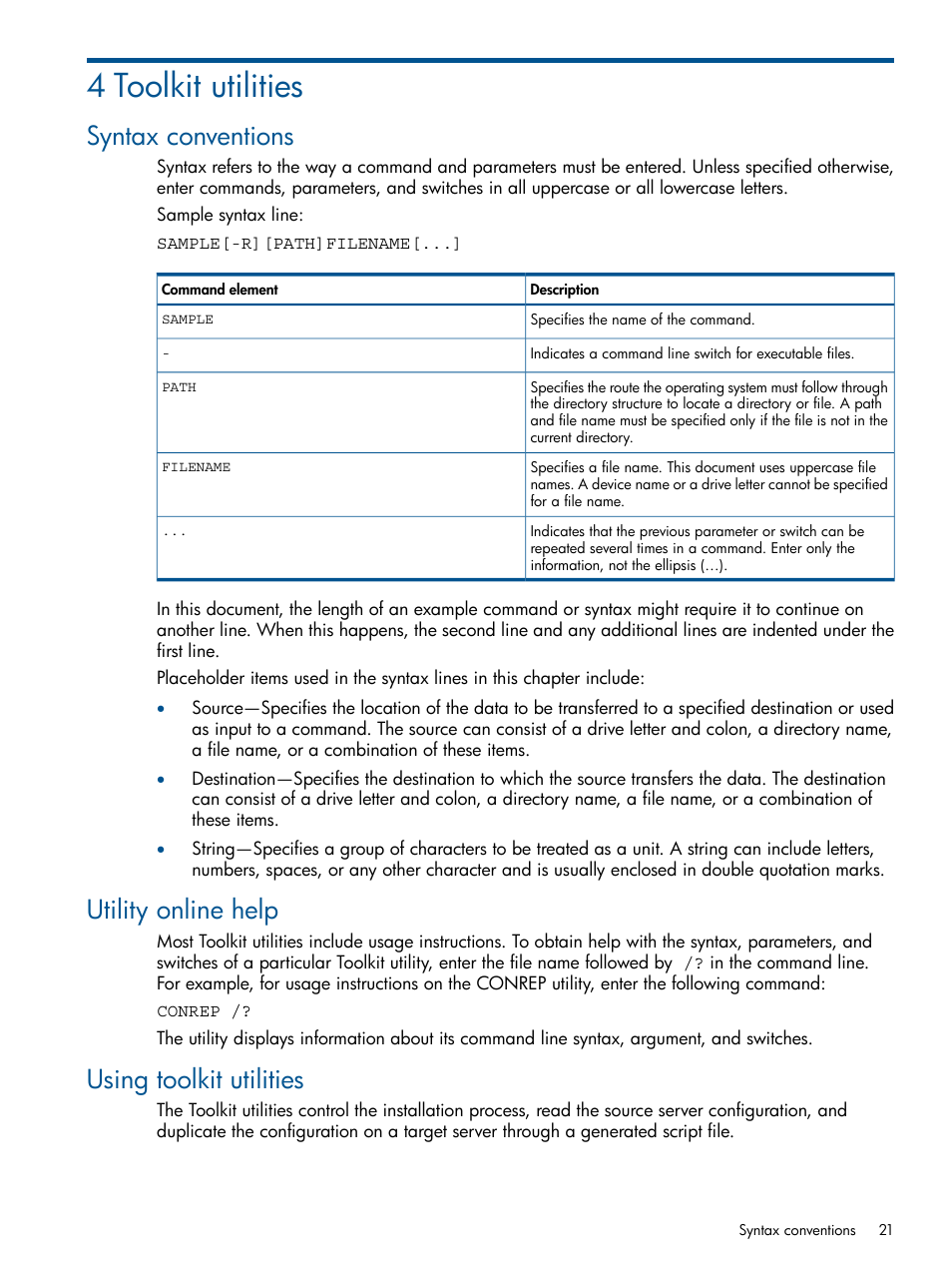 4 toolkit utilities, Syntax conventions, Utility online help | Using toolkit utilities | HP ProLiant DL380 Server User Manual | Page 21 / 65