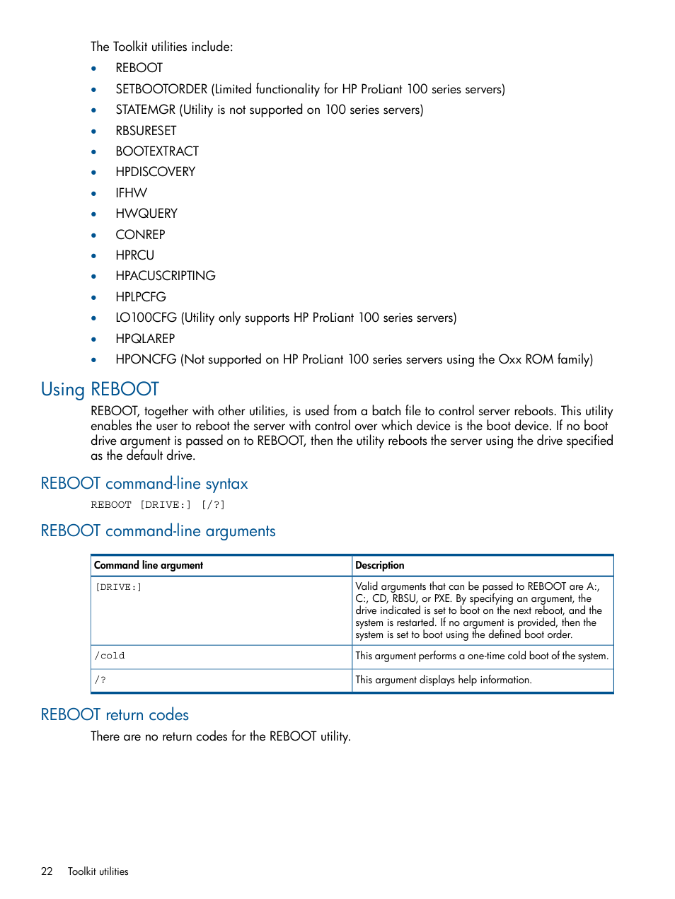 Using reboot, Reboot command-line syntax, Reboot command-line arguments | Reboot return codes | HP ProLiant DL380 Server User Manual | Page 22 / 65