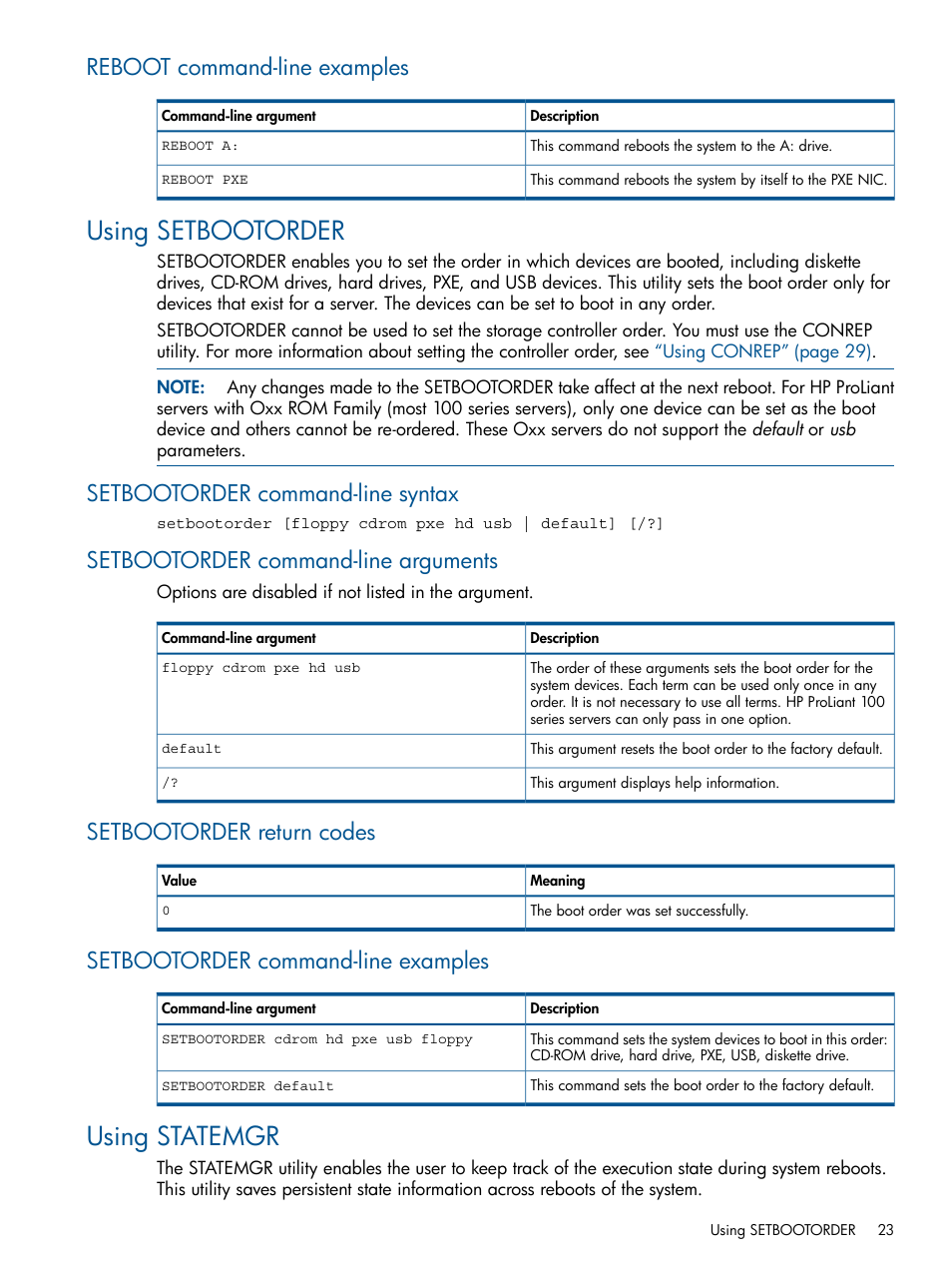 Reboot command-line examples, Using setbootorder, Setbootorder command-line syntax | Setbootorder command-line arguments, Setbootorder return codes, Setbootorder command-line examples, Using statemgr | HP ProLiant DL380 Server User Manual | Page 23 / 65