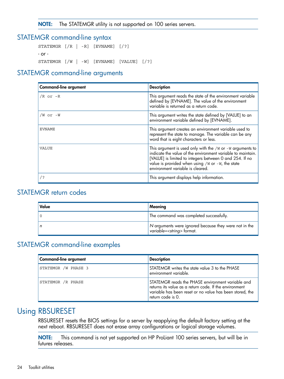 Statemgr command-line syntax, Statemgr command-line arguments, Statemgr return codes | Statemgr command-line examples, Using rbsureset | HP ProLiant DL380 Server User Manual | Page 24 / 65