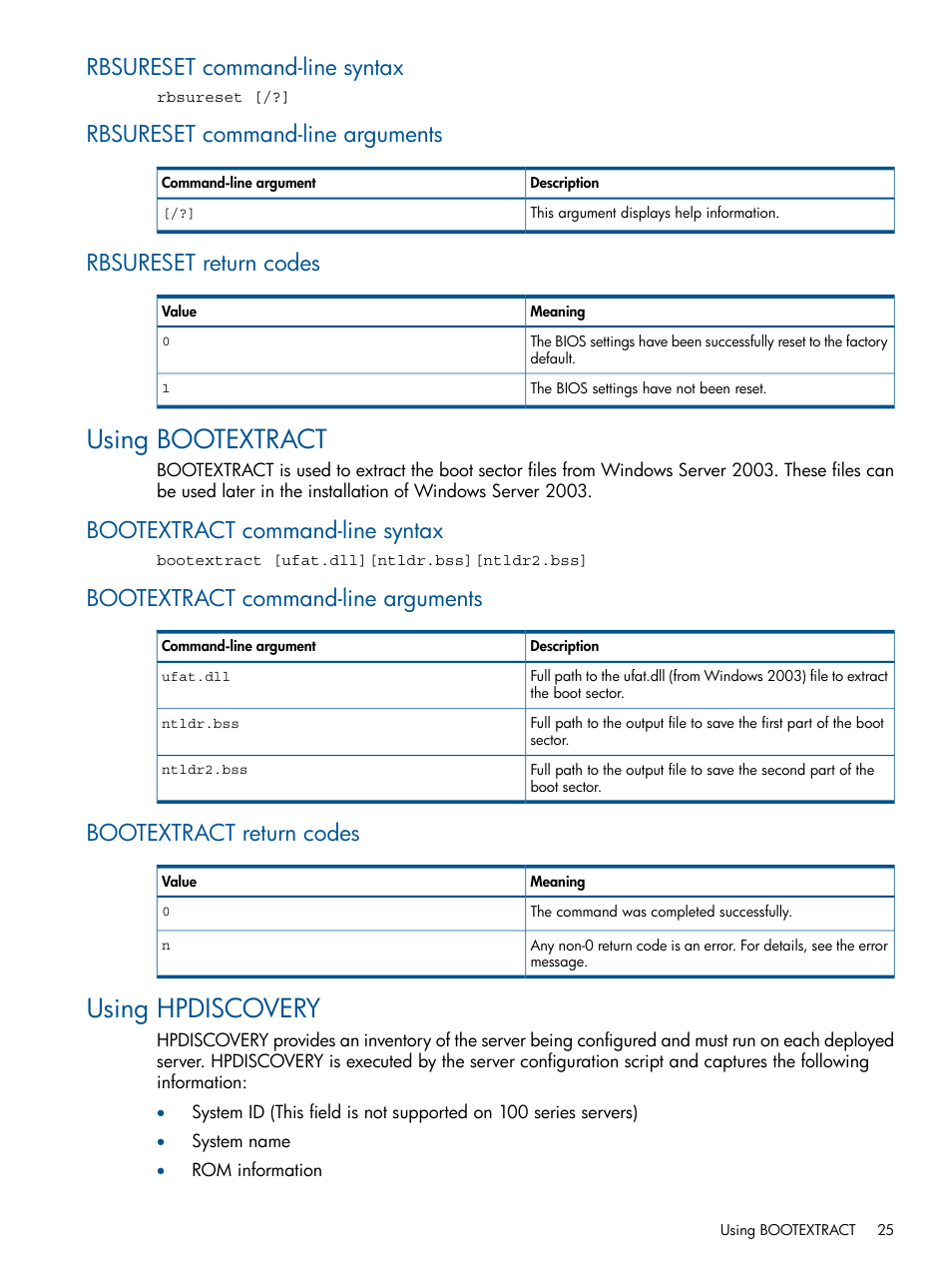 Rbsureset command-line syntax, Rbsureset command-line arguments, Rbsureset return codes | Using bootextract, Bootextract command-line syntax, Bootextract command-line arguments, Bootextract return codes, Using hpdiscovery | HP ProLiant DL380 Server User Manual | Page 25 / 65