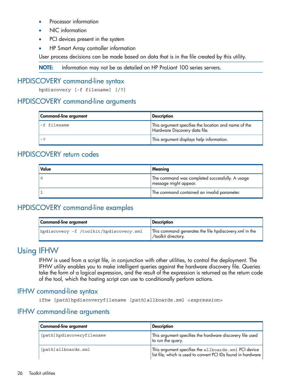 Hpdiscovery command-line syntax, Hpdiscovery command-line arguments, Hpdiscovery return codes | Hpdiscovery command-line examples, Using ifhw, Ifhw command-line syntax, Ifhw command-line arguments | HP ProLiant DL380 Server User Manual | Page 26 / 65