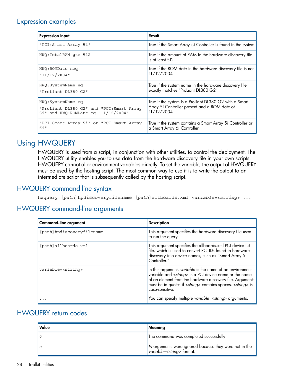 Expression examples, Using hwquery, Hwquery command-line syntax | Hwquery command-line arguments, Hwquery return codes | HP ProLiant DL380 Server User Manual | Page 28 / 65