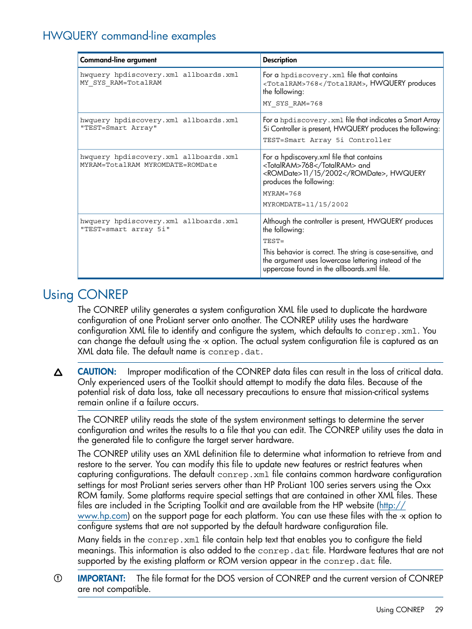 Hwquery command-line examples, Using conrep | HP ProLiant DL380 Server User Manual | Page 29 / 65