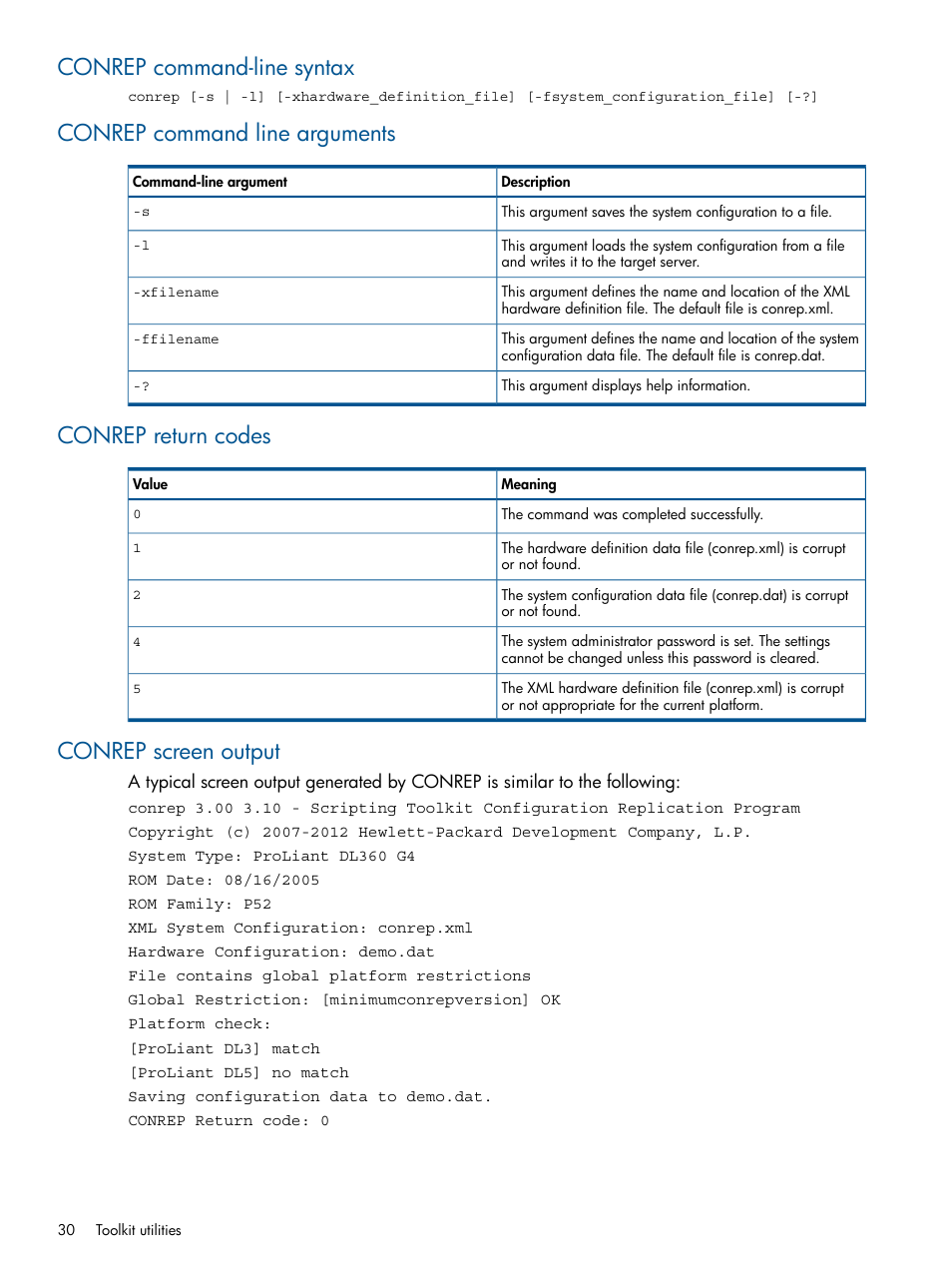 Conrep command-line syntax, Conrep command line arguments, Conrep return codes | Conrep screen output | HP ProLiant DL380 Server User Manual | Page 30 / 65