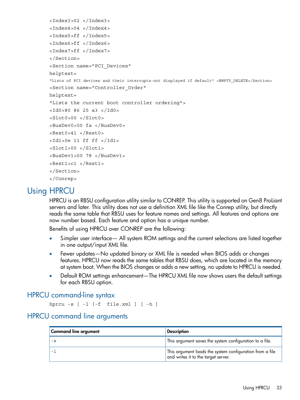 Using hprcu, Hprcu command-line syntax, Hprcu command line arguments | HP ProLiant DL380 Server User Manual | Page 33 / 65