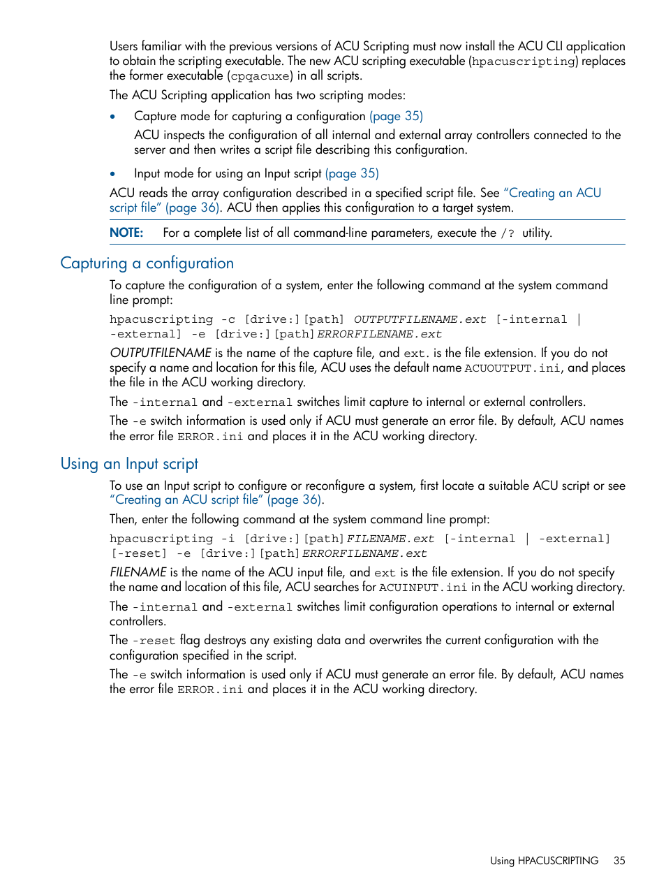 Capturing a configuration, Using an input script, Capturing a configuration using an input script | HP ProLiant DL380 Server User Manual | Page 35 / 65