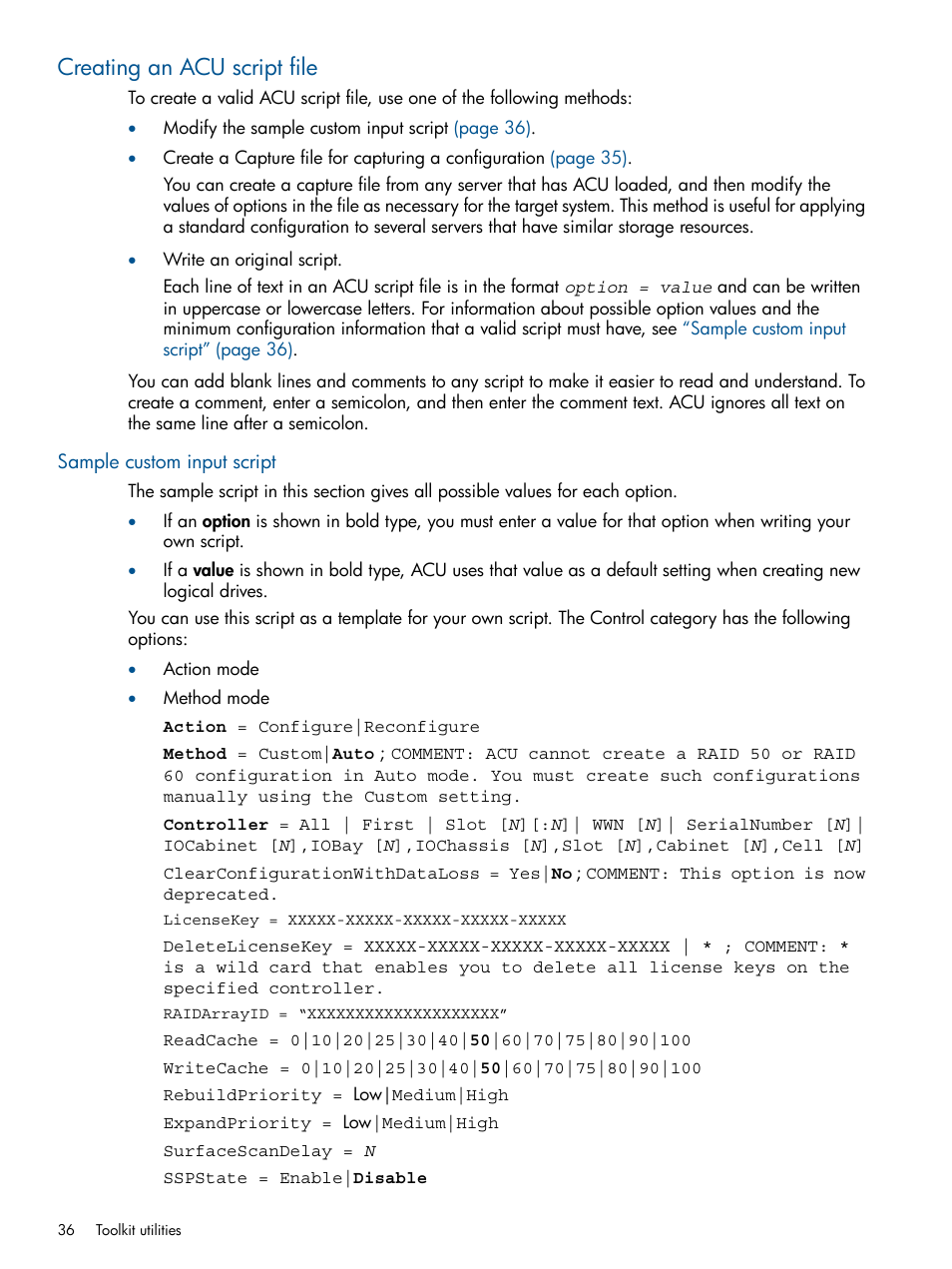 Creating an acu script file, Sample custom input script, Creating an acu | HP ProLiant DL380 Server User Manual | Page 36 / 65