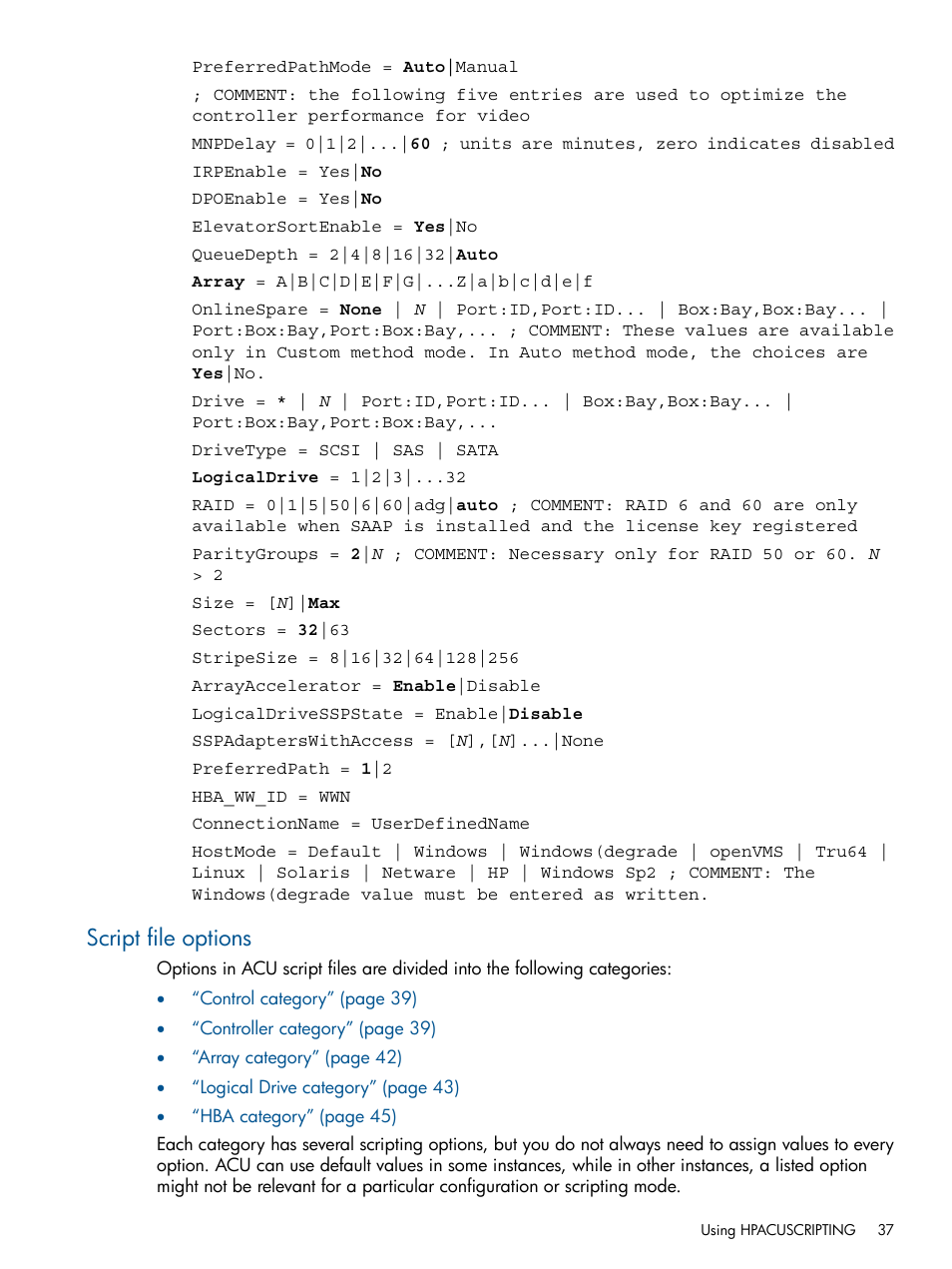 Script file options | HP ProLiant DL380 Server User Manual | Page 37 / 65