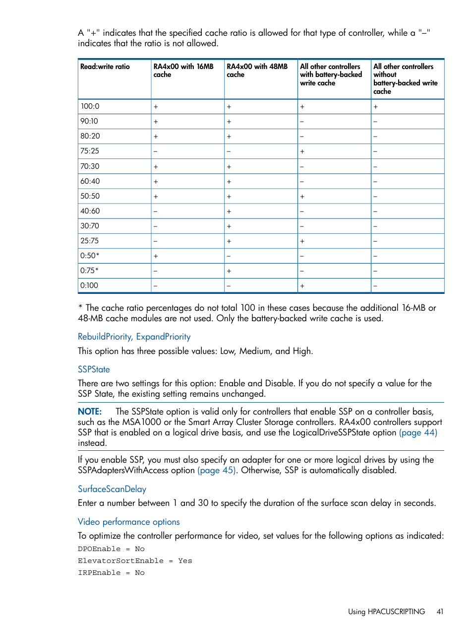 Rebuildpriority, expandpriority, Sspstate, Surfacescandelay | Video performance options | HP ProLiant DL380 Server User Manual | Page 41 / 65