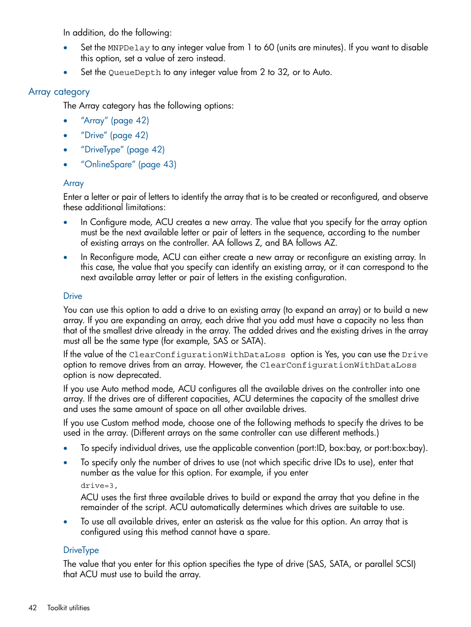 Array category, Array, Drive | Drivetype, Array drive drivetype | HP ProLiant DL380 Server User Manual | Page 42 / 65