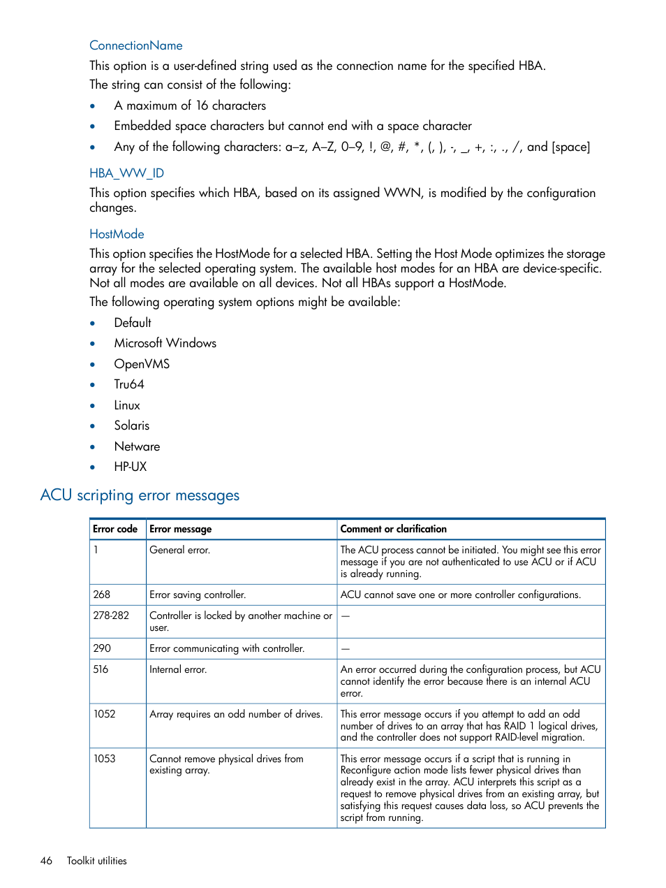 Connectionname, Hba_ww_id, Hostmode | Acu scripting error messages, Connectionname hba_ww_id hostmode | HP ProLiant DL380 Server User Manual | Page 46 / 65