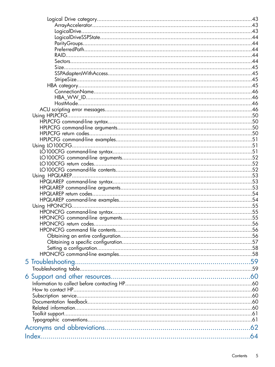 5 troubleshooting, 6 support and other resources, Acronyms and abbreviations index | HP ProLiant DL380 Server User Manual | Page 5 / 65