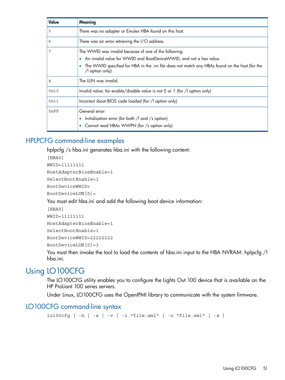 Hplpcfg command-line examples, Using lo100cfg, Lo100cfg command-line syntax | HP ProLiant DL380 Server User Manual | Page 51 / 65