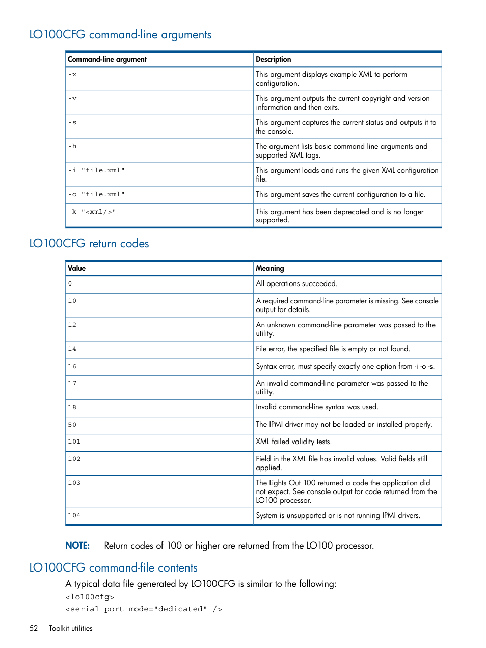Lo100cfg command-line arguments, Lo100cfg return codes, Lo100cfg command-file contents | HP ProLiant DL380 Server User Manual | Page 52 / 65