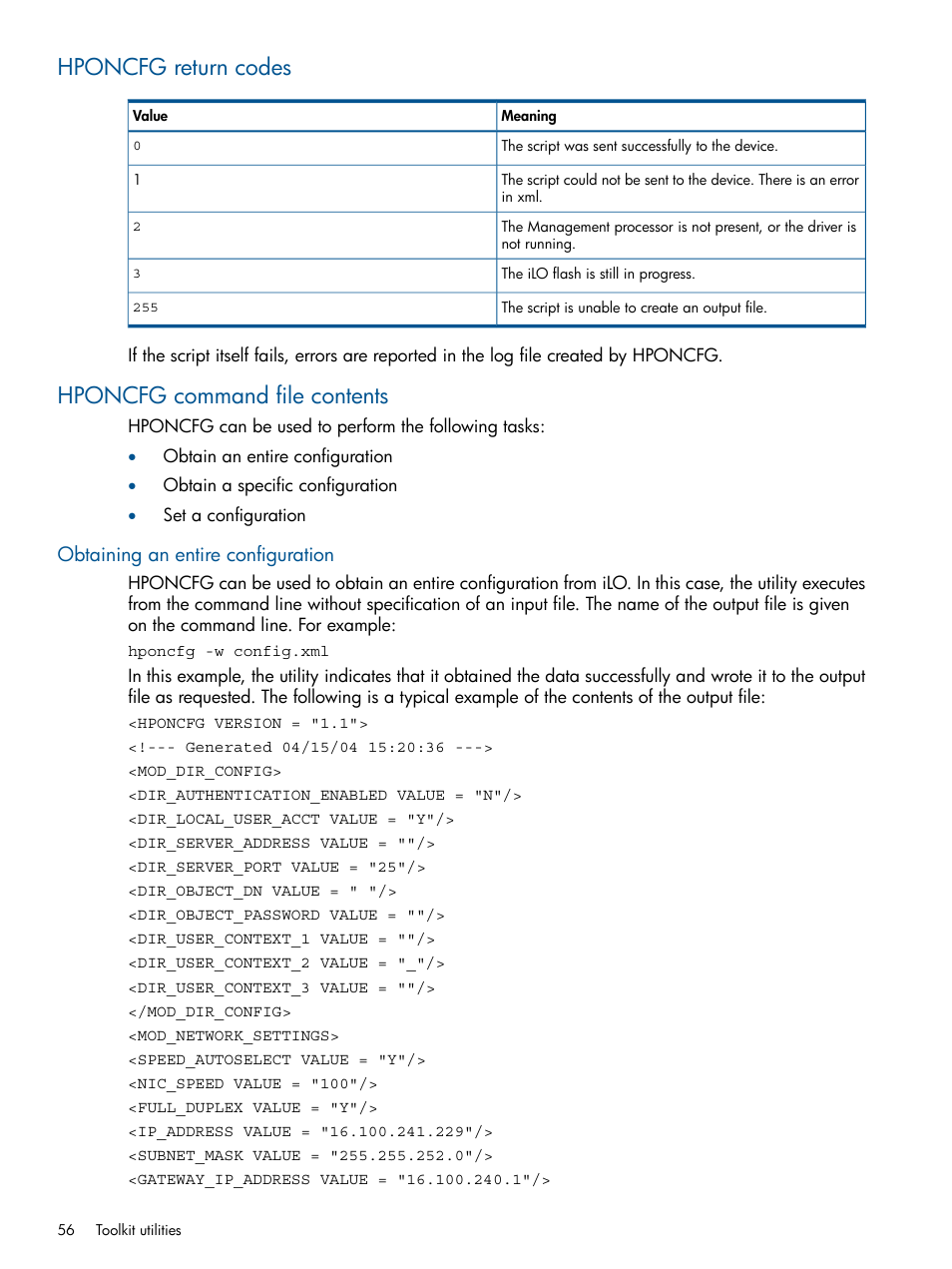 Hponcfg return codes, Hponcfg command file contents, Obtaining an entire configuration | Hponcfg return codes hponcfg command file contents | HP ProLiant DL380 Server User Manual | Page 56 / 65