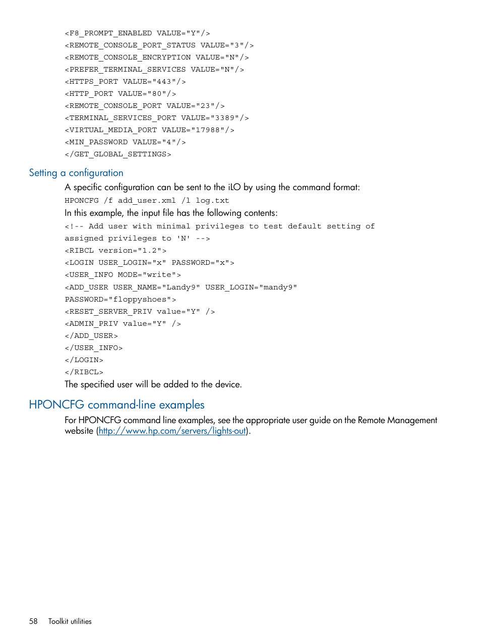 Setting a configuration, Hponcfg command-line examples | HP ProLiant DL380 Server User Manual | Page 58 / 65